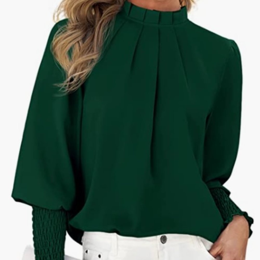 Womens Chiffon Blouse with Puff Sleeve EMERALD